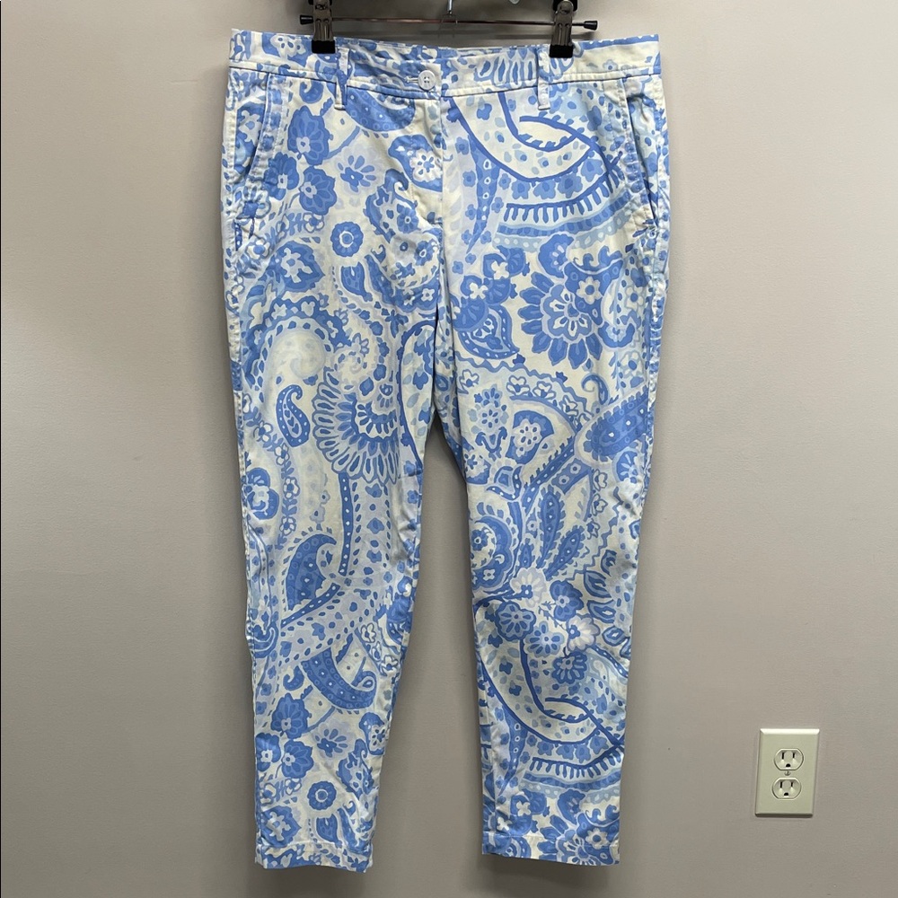 Talbots Relaxed Chino Watercolor Paisley Blue and White Ankle Pants 8P
